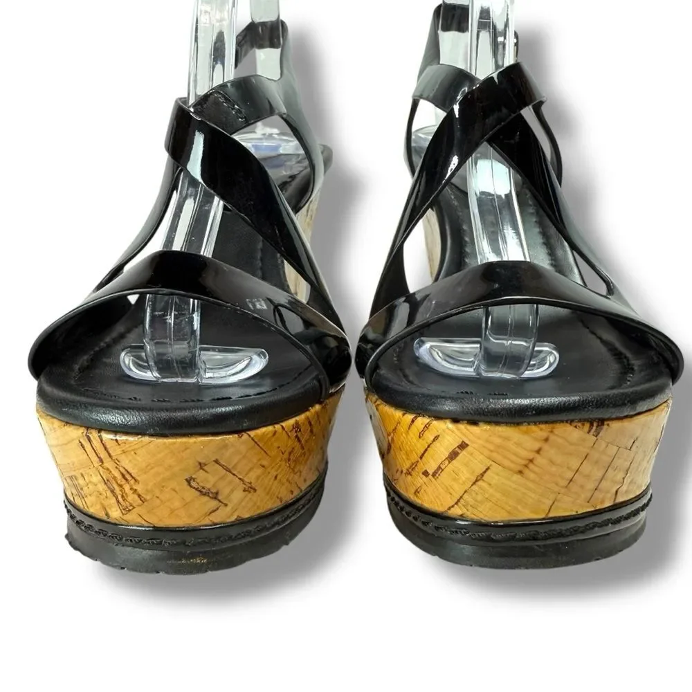 Donald J Pliner Camdyn Black Patent Leather Cork Wedge Sandals Womens Size 6